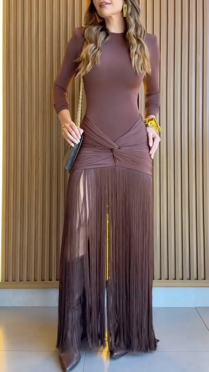 Brown Long Sleeve Twist Front Fringe Maxi Dress