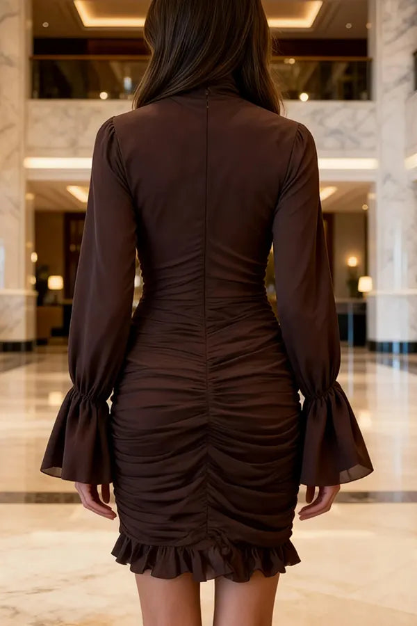 Sexy See-through Mesh High-neck Waist Pleated Ruffle Mini Dress