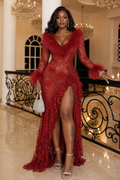Red Feather Trim Lace High Slit Evening Gown