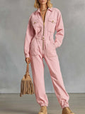 Retro Western Pink Denim Collared Zip-Front Utility Jumpsuit