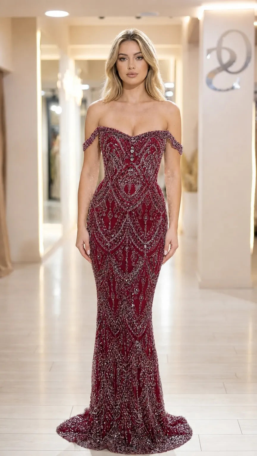 Off-The-Shoulder Embellished Mermaid Evening Gown