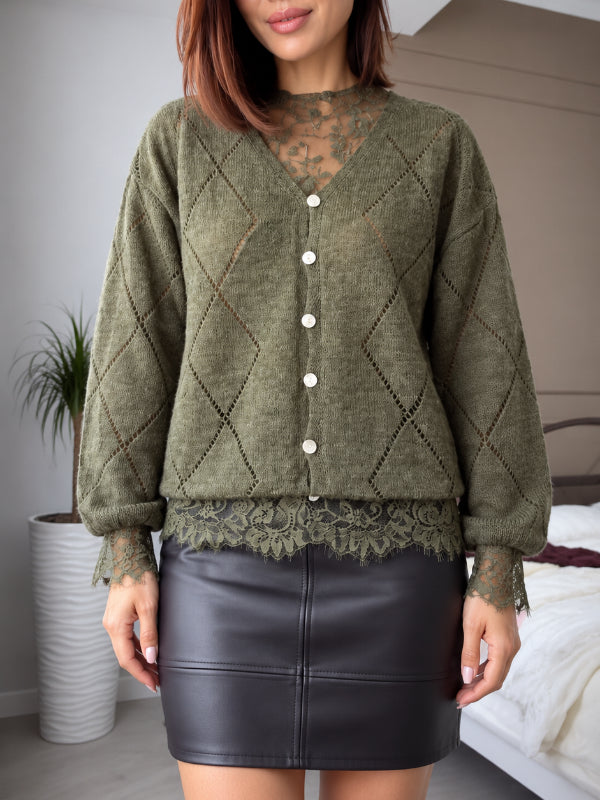Olive Lace-Detail Diamond-Openwork Knit Cardigan
