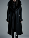 Women Fur Trim Warm Lined Hooded Eco Leather Trench Coat