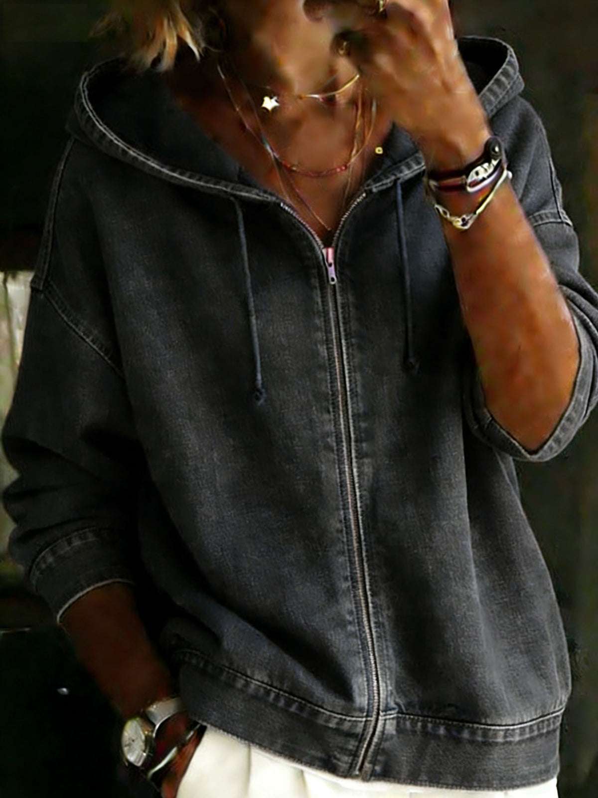 Women's Casual Long Sleeve Denim Zipper Hoodie Coat