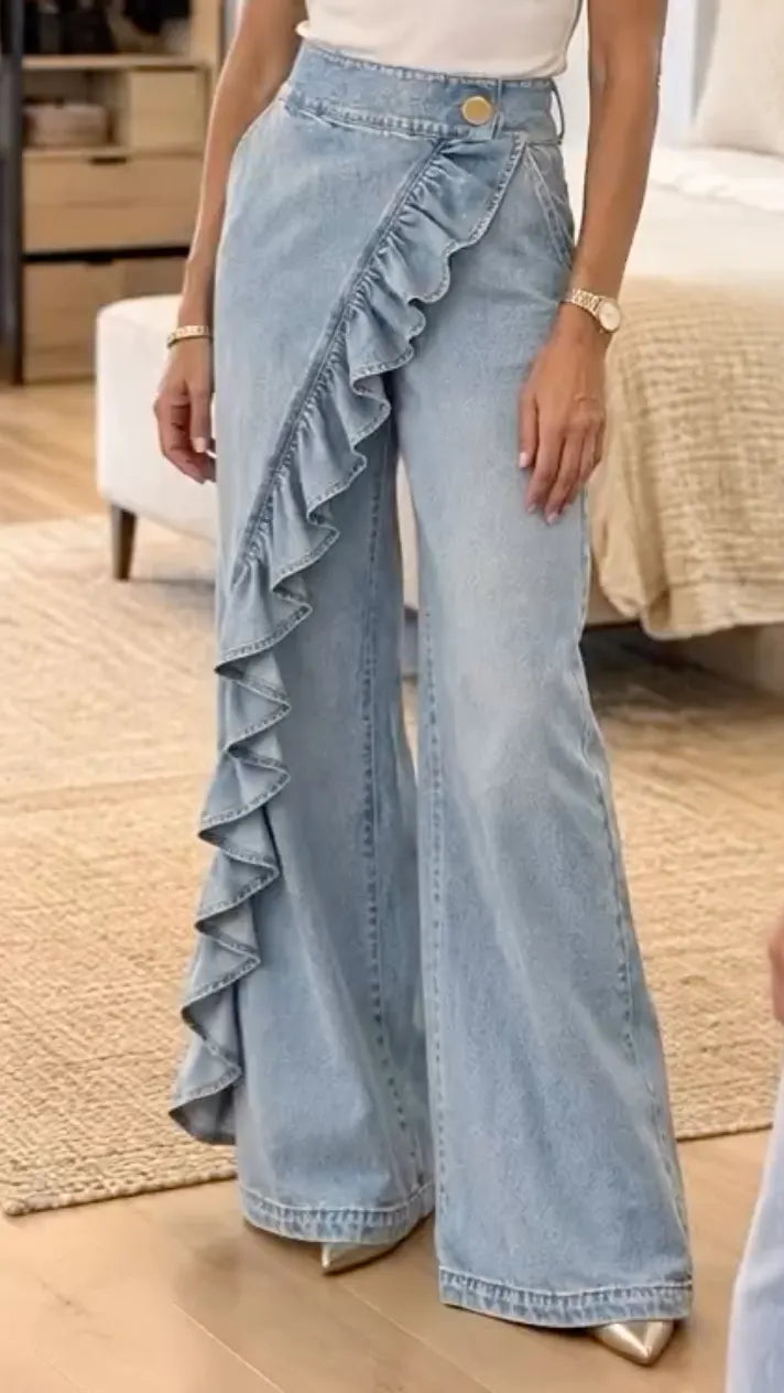 Light Wash Ruffle Wrap Wide Leg Jeans