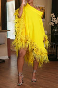Women's Fashion Asymmetric Neckline Batwing Feather Hem Midi Dress