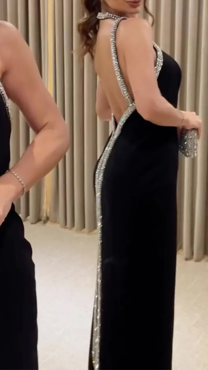 Black Rhinestone Halter Evening Maxi Dress