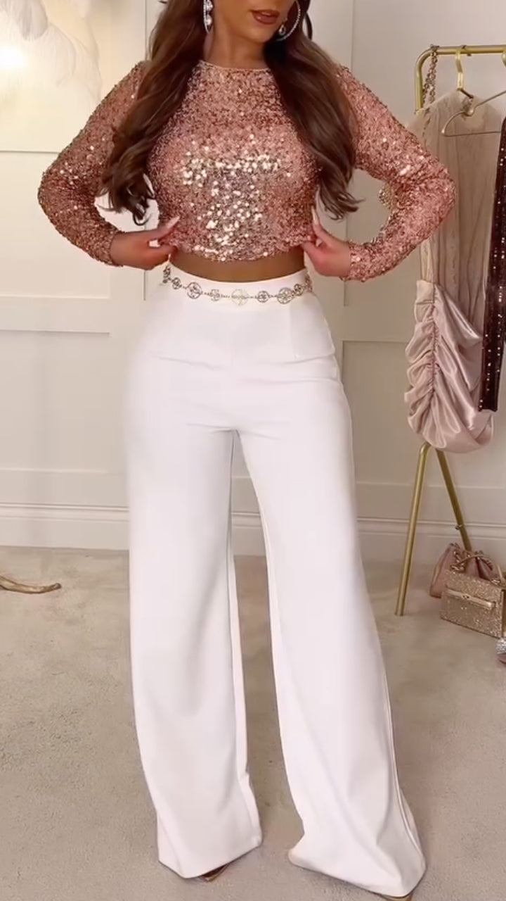 Rose Gold Sequin Long-Sleeve Crop Top & Pants Set