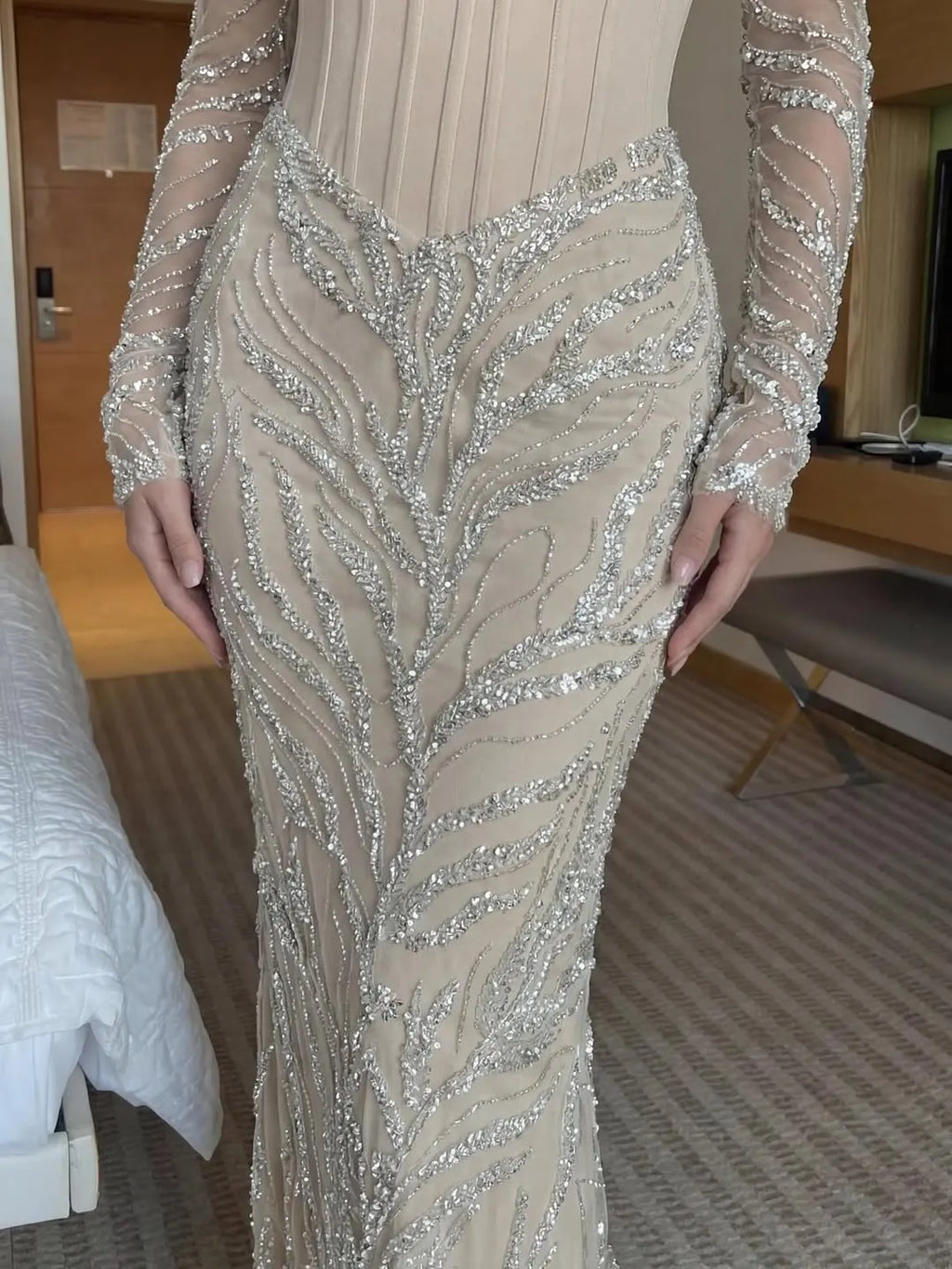 Cocoslly Square Neck Long Sleeves Pleated Long Mermaid Prom Dress With Lace Sequins Beaded Embroidery | Champage Satin CO0075