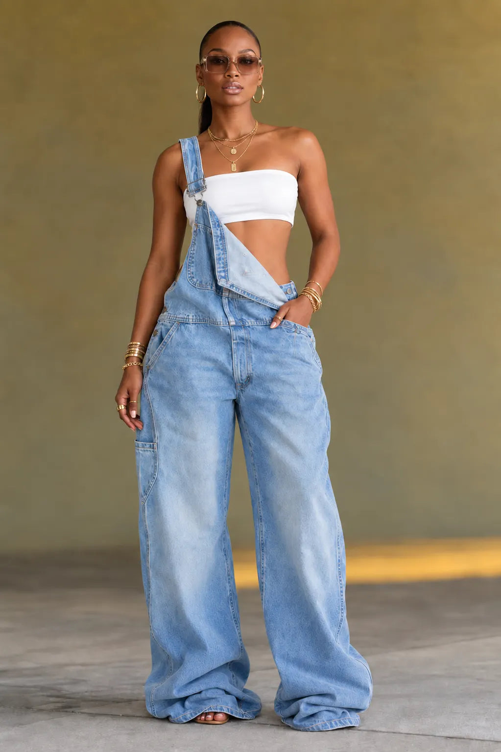 Asymmetric One-Strap Wide-Leg Denim Overalls