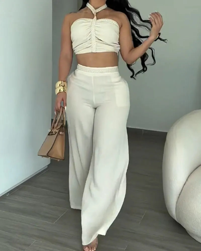 2 Piece Braided Trim Two Piece Outfit with Flared Trousers