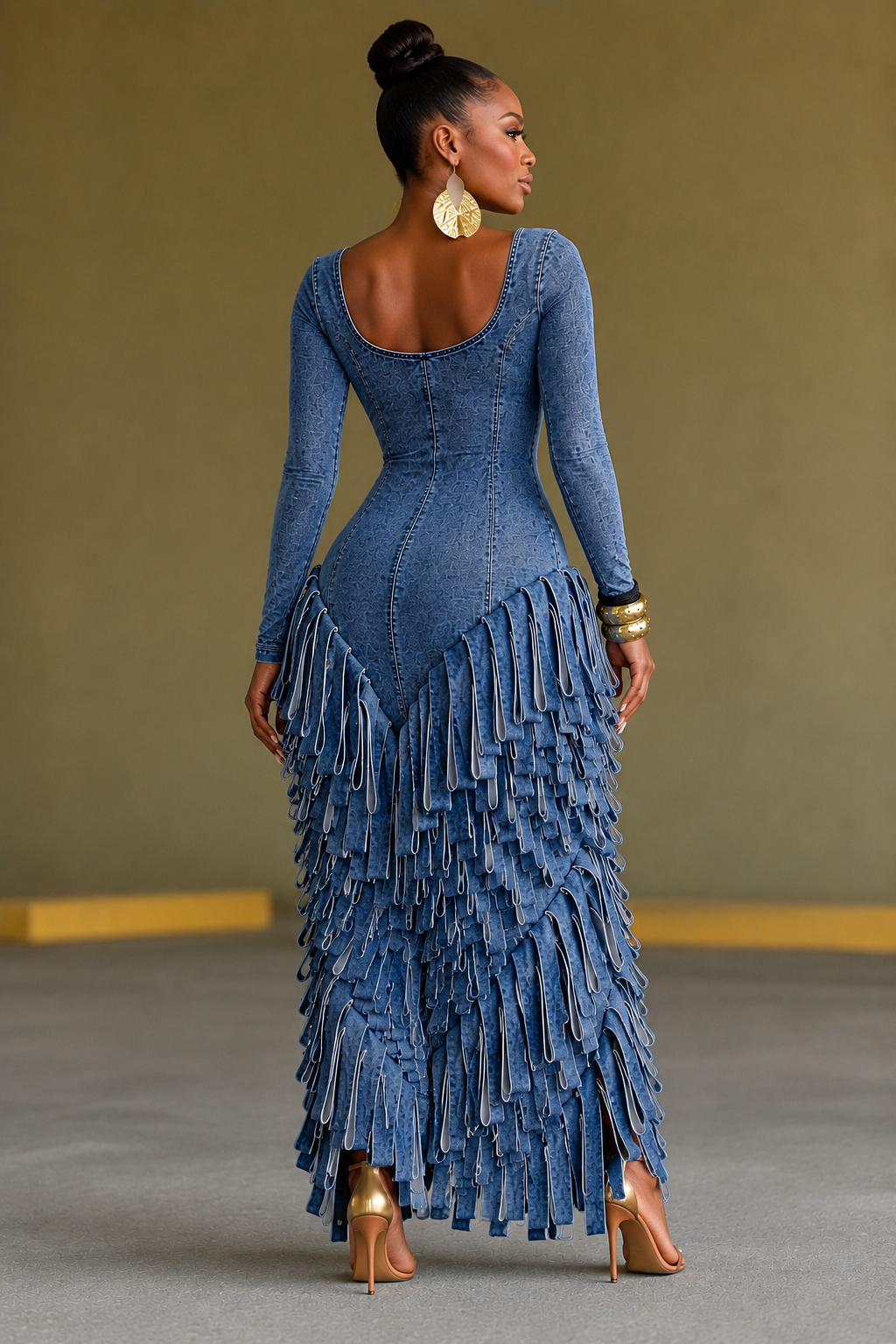 U Neck Fringe Denim Jumpsuit Bodycon Party Jumpsuit