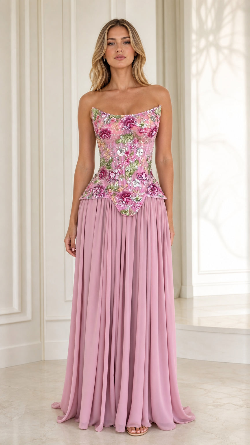 Floral Embroidered Basque Waist Strapless Corset Maxi Gown