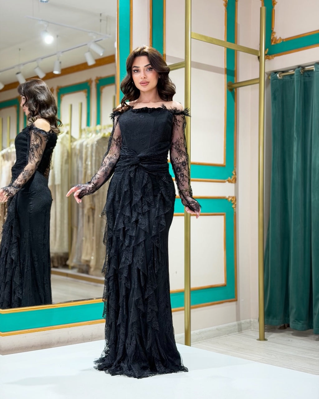 Cocoslly Off-The-Shoulder Long Sleeves Long Prom Dress With Ruffles | Black Chiffon CO0086