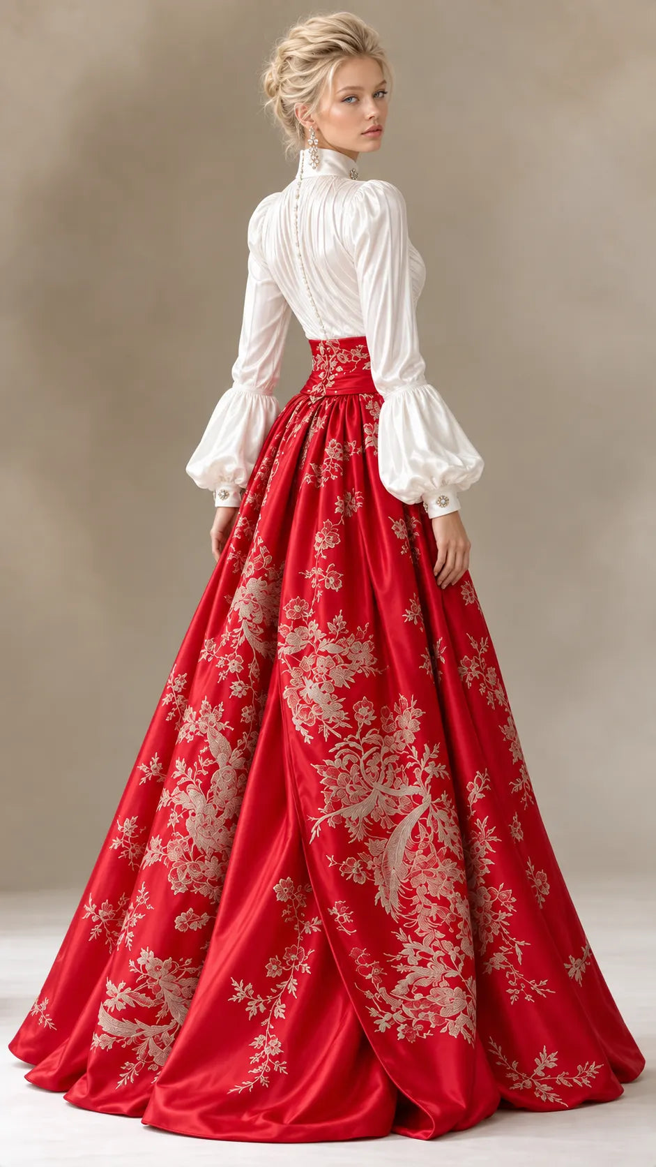 Ivory Poet Blouse & Embroidered Red Maxi Skirt Set