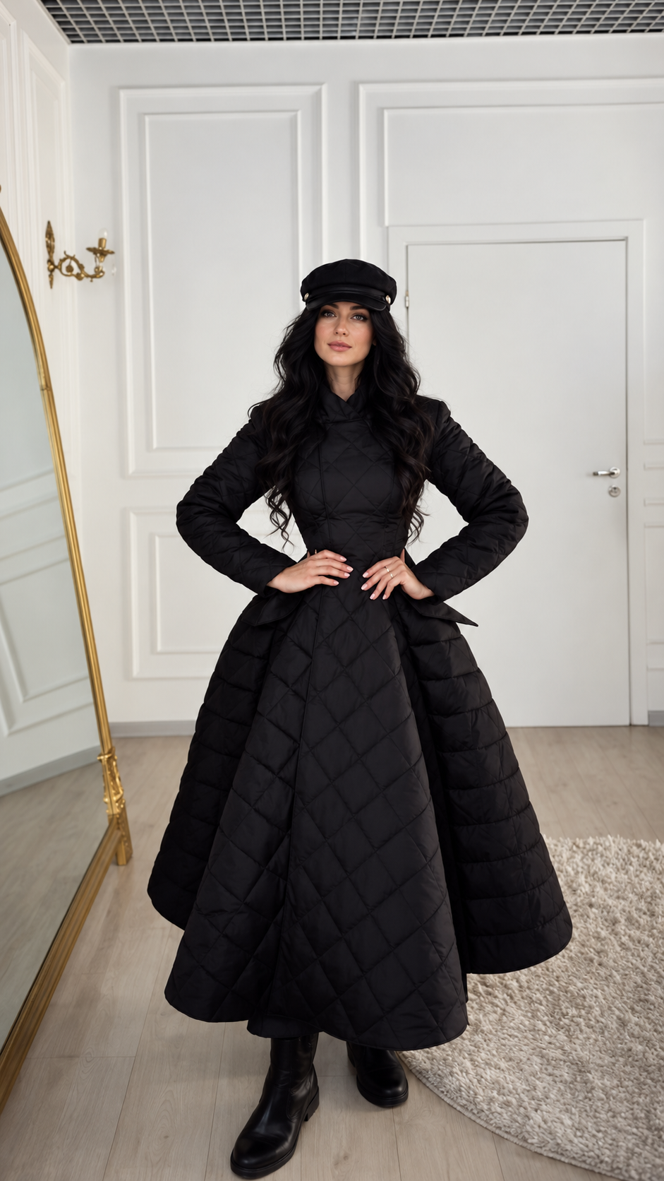 Black Diamond-Quilted Fit-and-Flare Long Coat