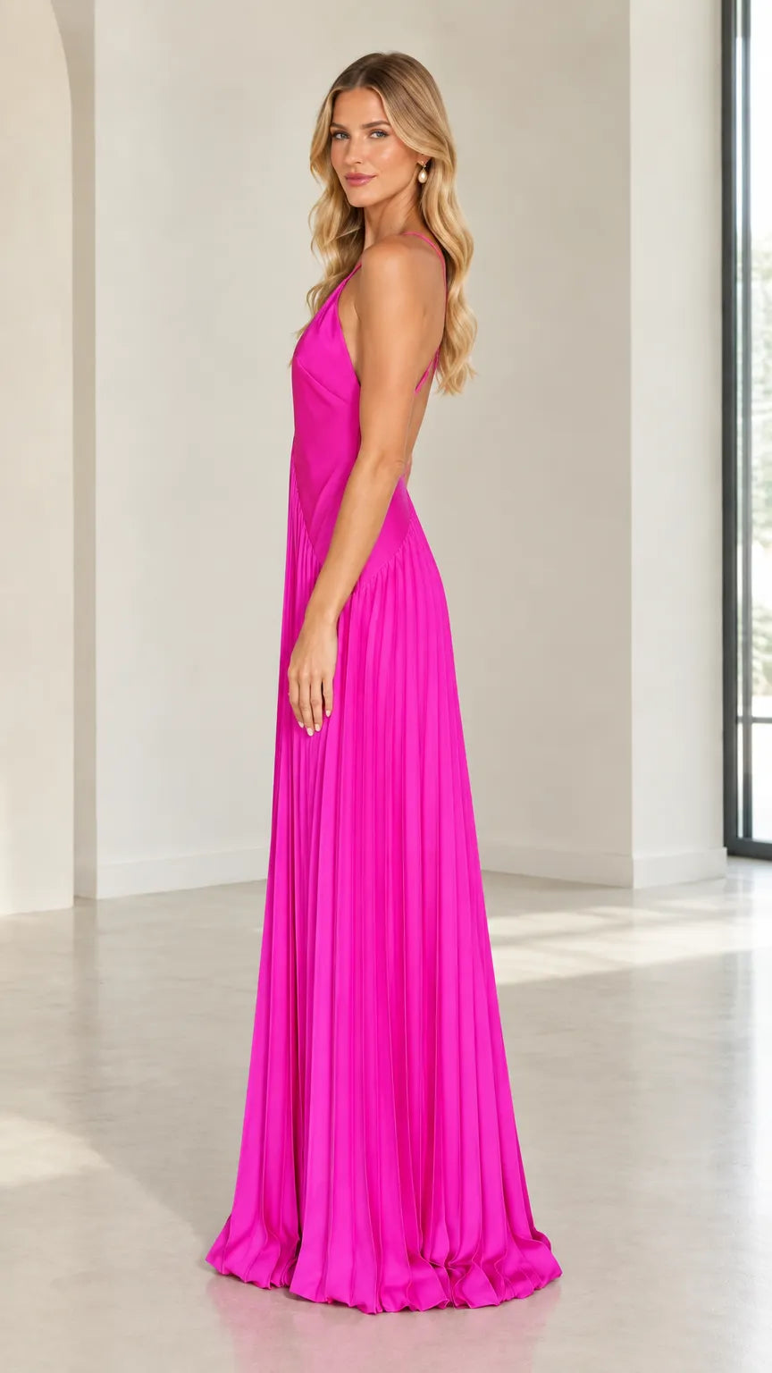 Plunge Neck Pleated Satin Maxi Evening Dress