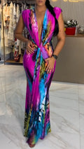 Colorful Tie‑Dye Deep V Twist Maxi Dress