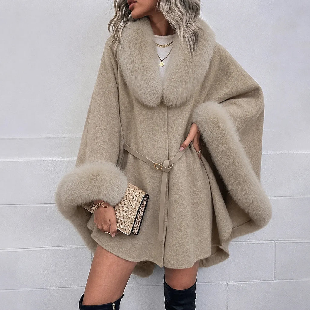 Faux Fur Collar Cape Coat With Belt