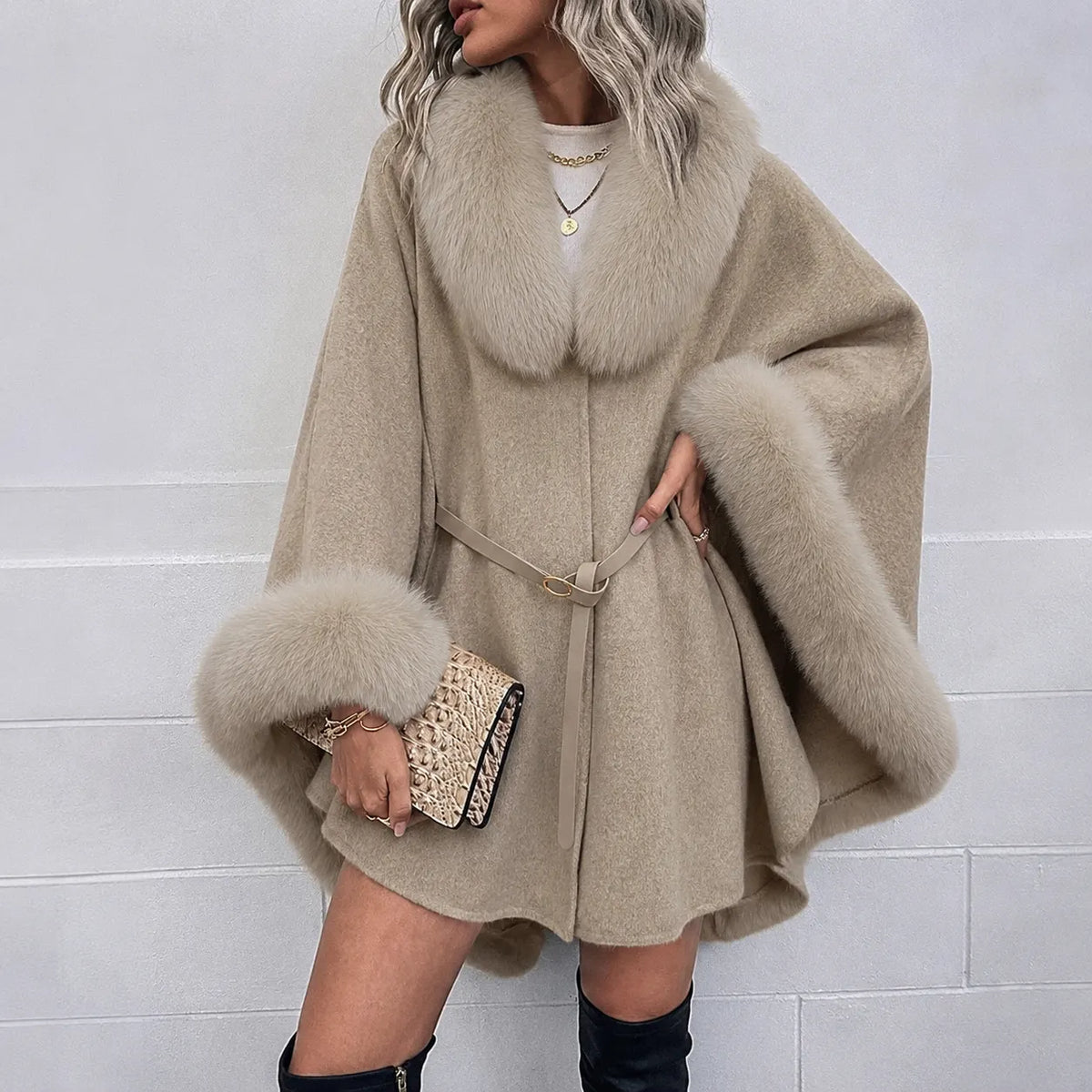 Faux Fur Collar Cape Coat With Belt