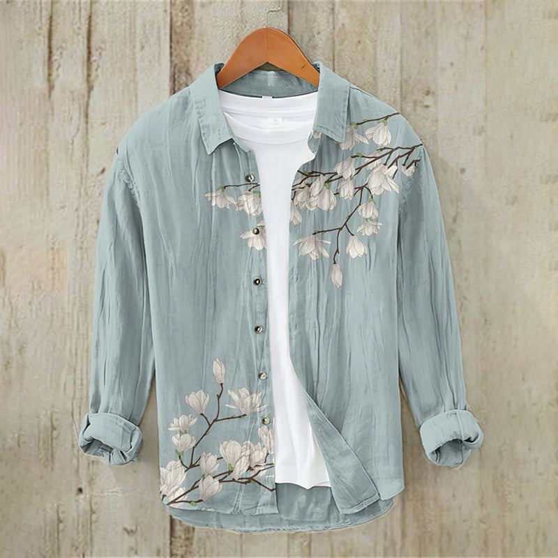 Men's Vintage Japanese Art Floral Casual Linen Blend Shirt