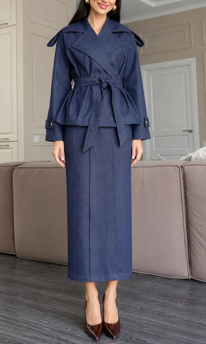 Denim Belted Jacket And Midi Skirt Two Piece Set