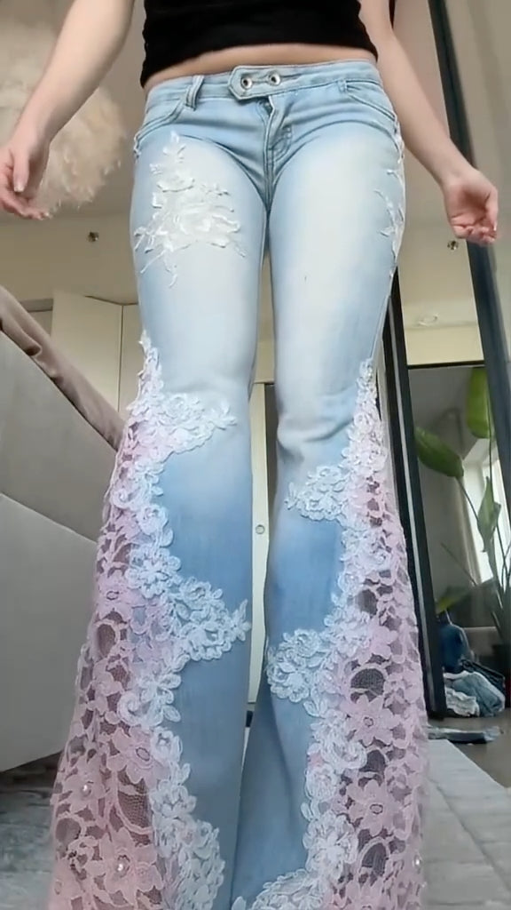 Light Wash Pink Lace Bell Bottom Jeans