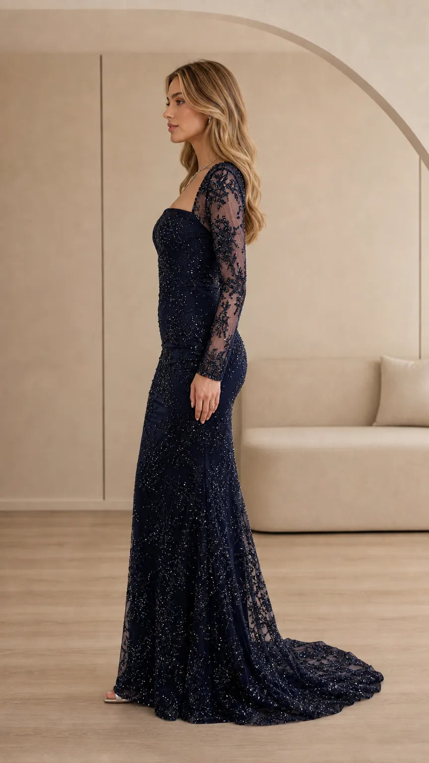 Square Neck Long Sleeve Sequin Embroidered Mermaid Evening Gown with Train