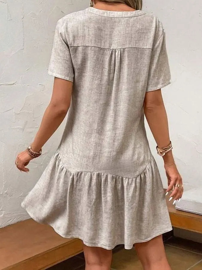 Women's Casual Solid Color V-Neck Short Sleeve Button Stitching Ruffle Dress