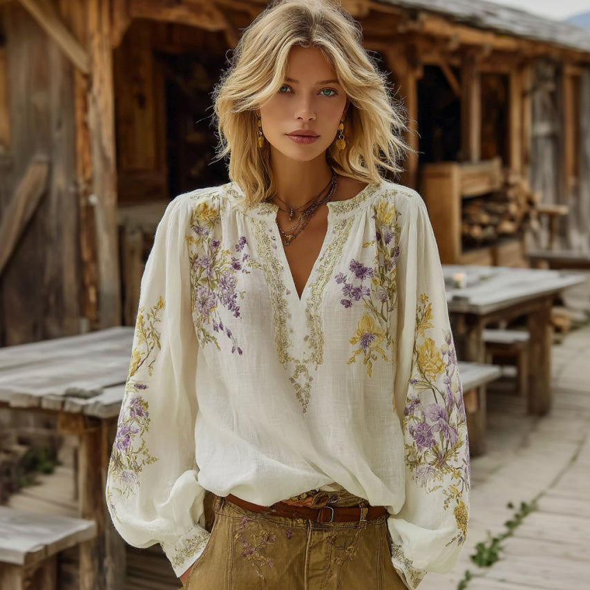 Women's Bohemian Floral V-neck Long-sleeved T-shirt
