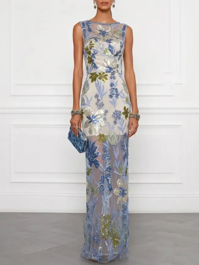 Blue Sequin Embroidery Classic Boat Neck Sleeveless Mermaid Floor-length Gown Dress