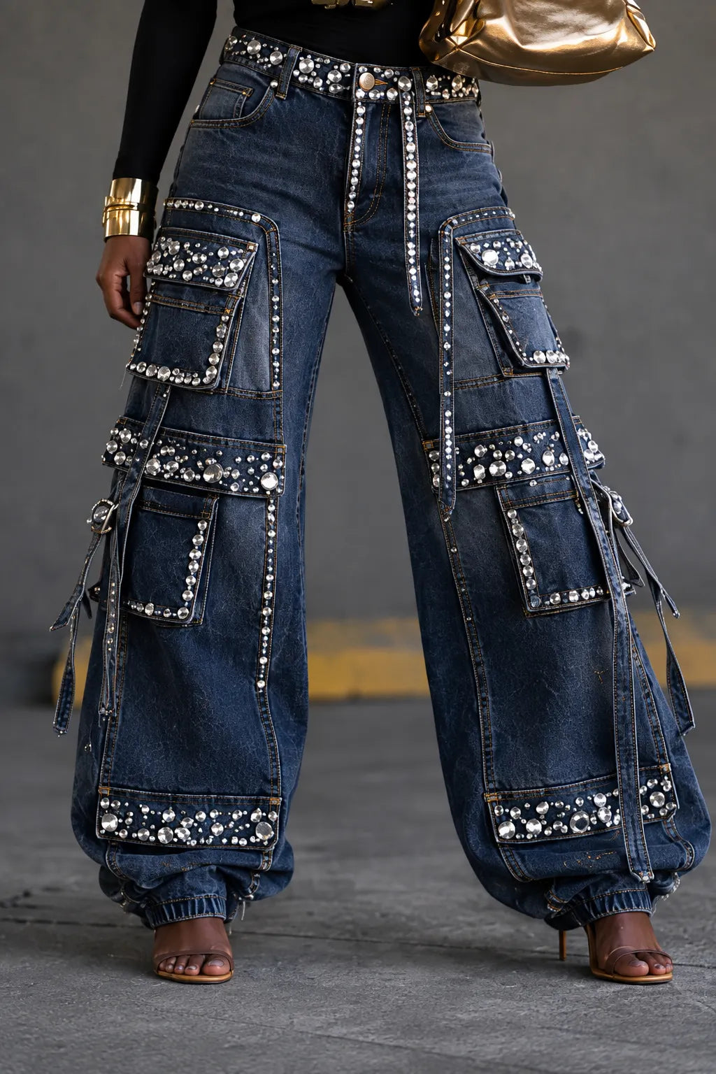 Rhinestone Cargo Baggy Denim Pants