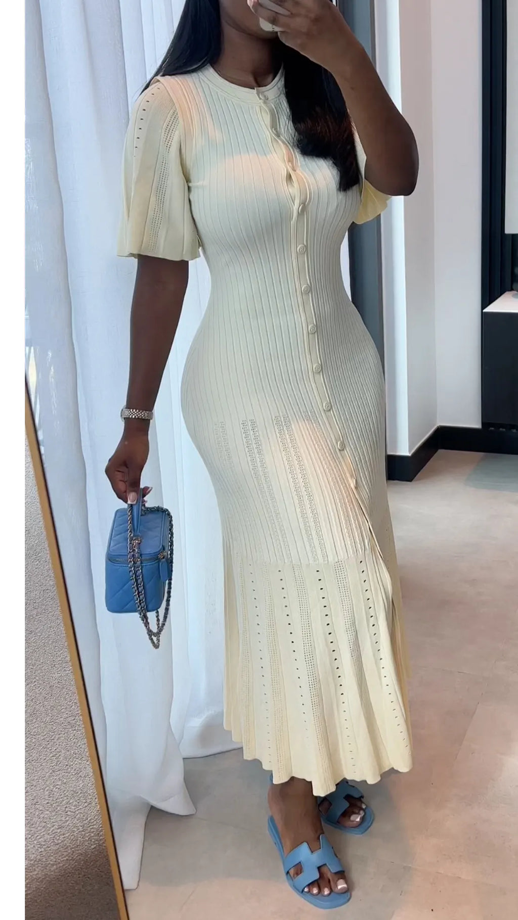 Ribbed Knit Button Midi Dress