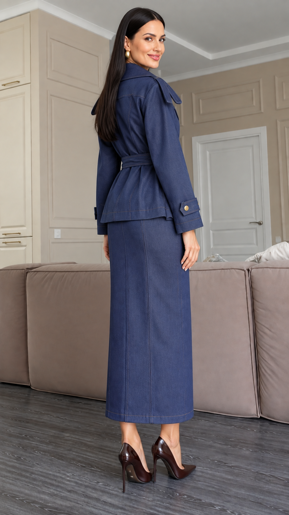 Denim Belted Jacket And Midi Skirt Two Piece Set