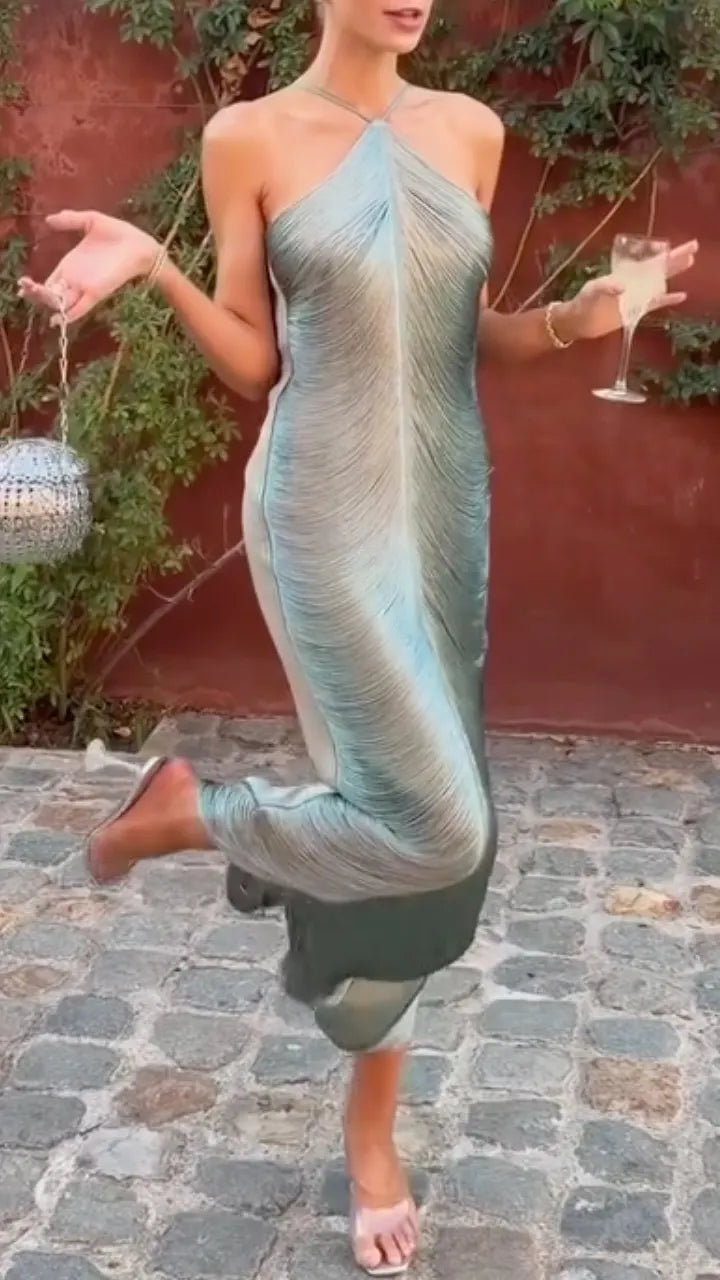 Halter Pleated Metallic Midi Dress