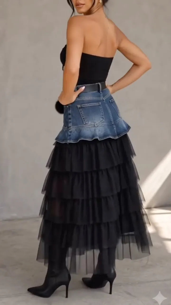 Denim Ruffle Top Layered Tulle Tiered Maxi Skirt