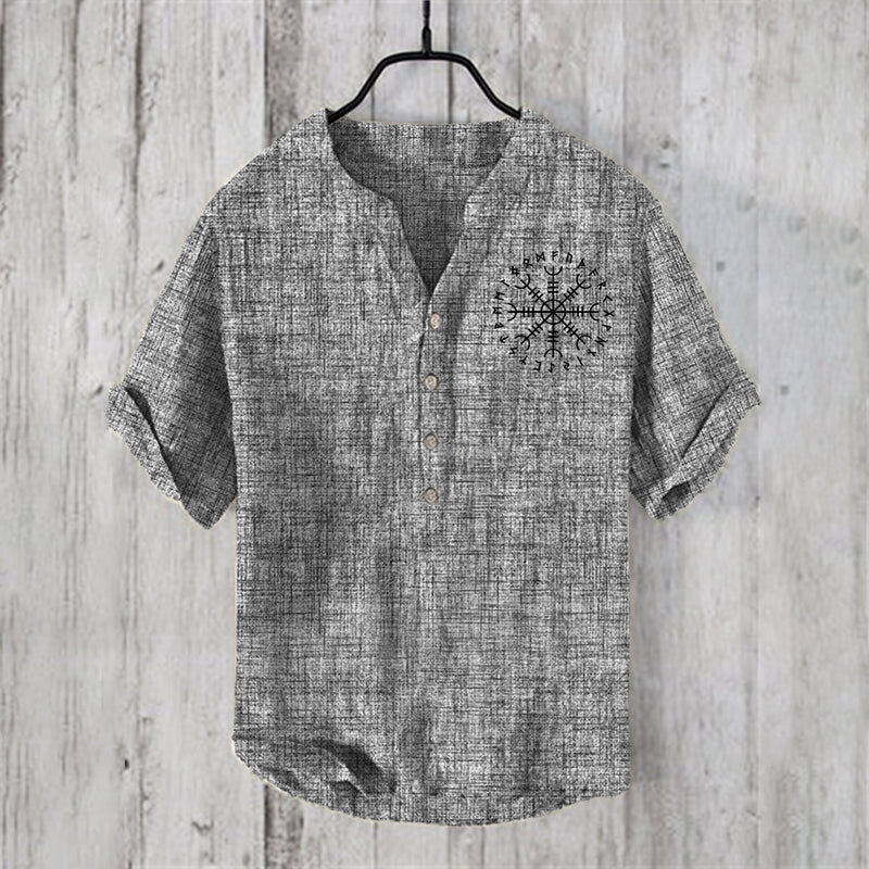 Men'S Viking Totem Graphic Art Linen Blend Shirt