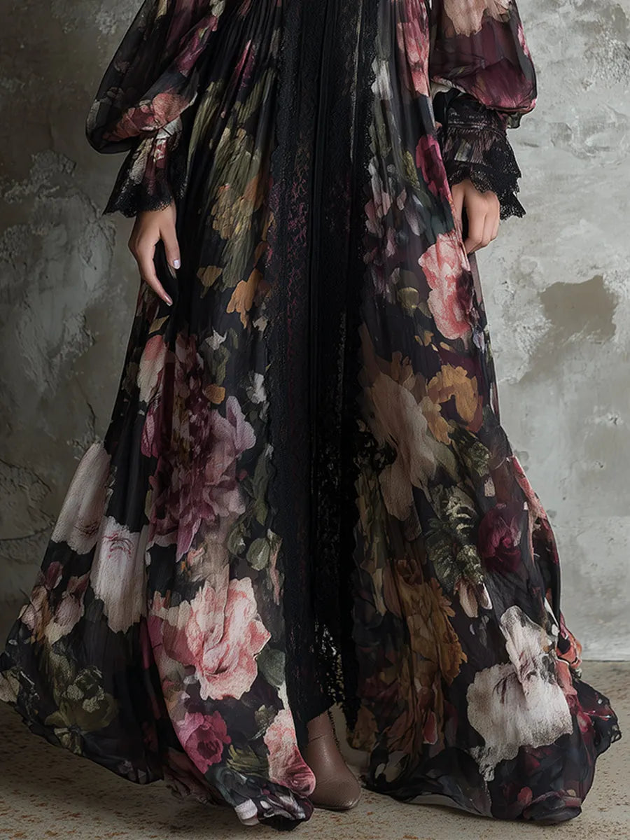 Bohemian Holiday Chiffon Printed Lace Maxi Dress
