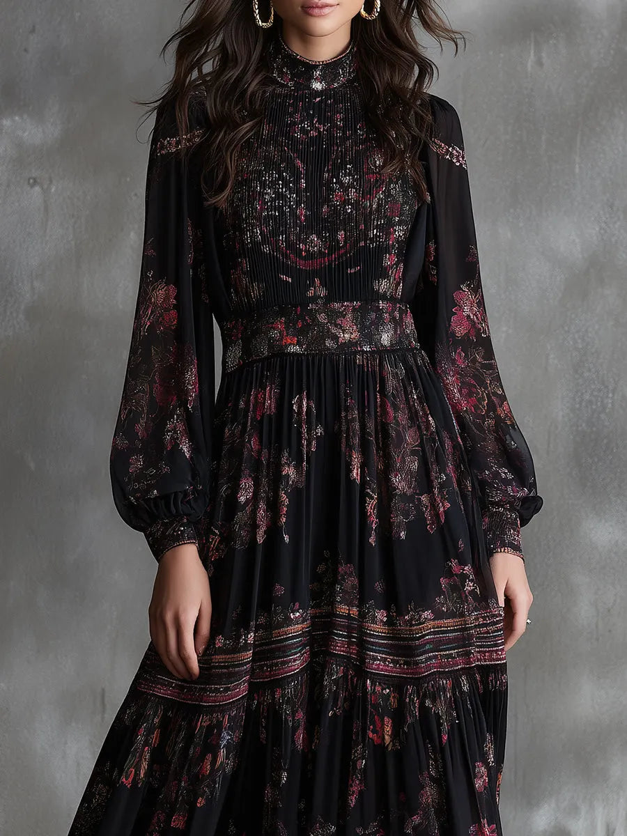 Retro Ethnic Print Pleated Chiffon Ruffle Midi Dress
