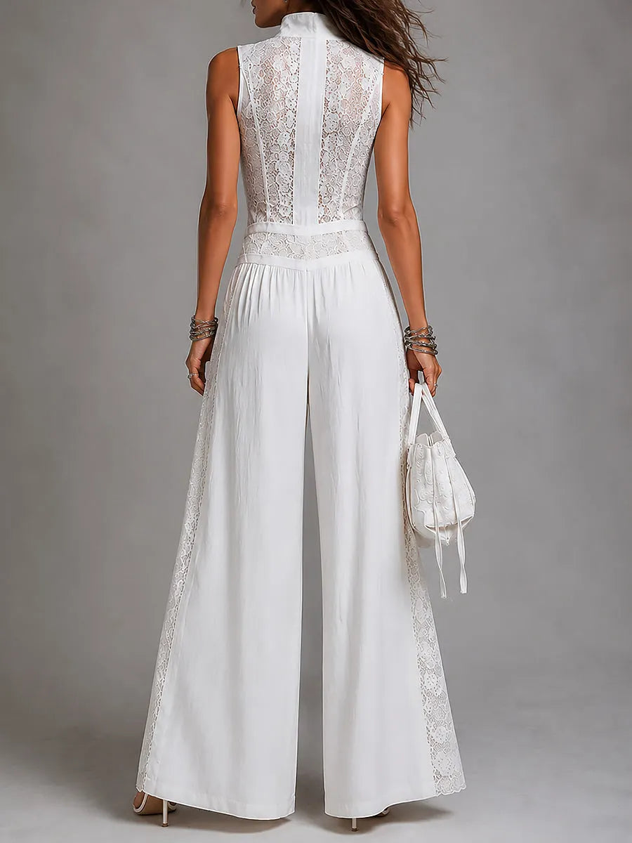 Retro Stand-Collar Tencel Wide-Leg Jumpsuit With Lace Trim