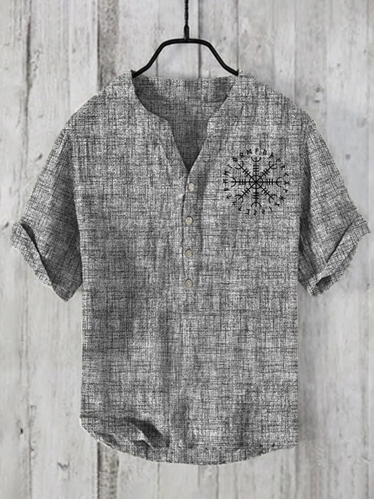 Men'S Viking Totem Graphic Art Linen Blend Shirt