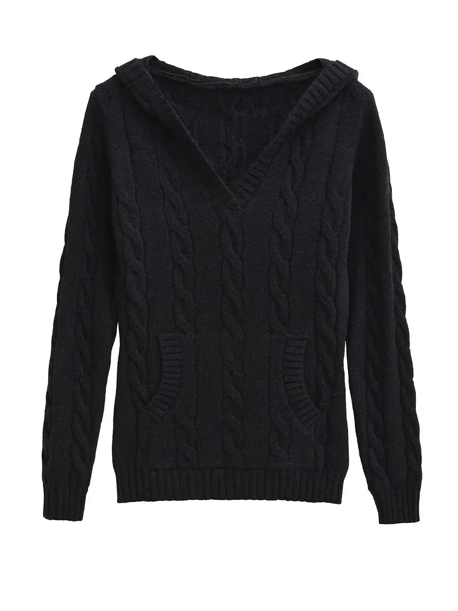 Casual Cable-knit V-neck Sweater With Hood
