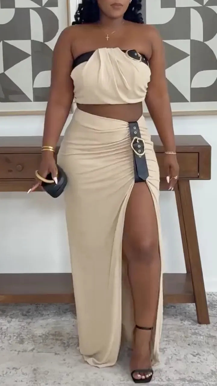 Strapless Buckle Crop Top And Slit Maxi Skirt Two Piece Set