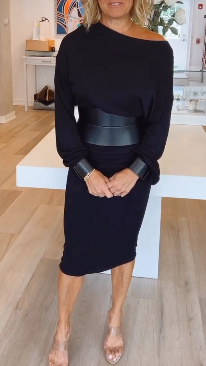 Off Shoulder Midi Dress With Faux Leather Belt