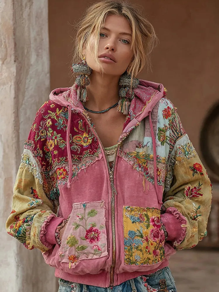 Women's Vintage Floral Embroidery Patchwork Art Cozy Zipper Hoodie