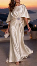 Champagne Cape Sleeve Satin Evening Gown