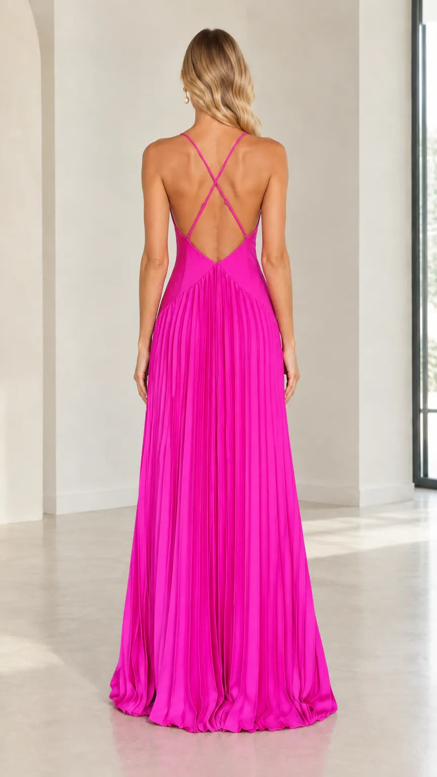 Plunge Neck Pleated Satin Maxi Evening Dress