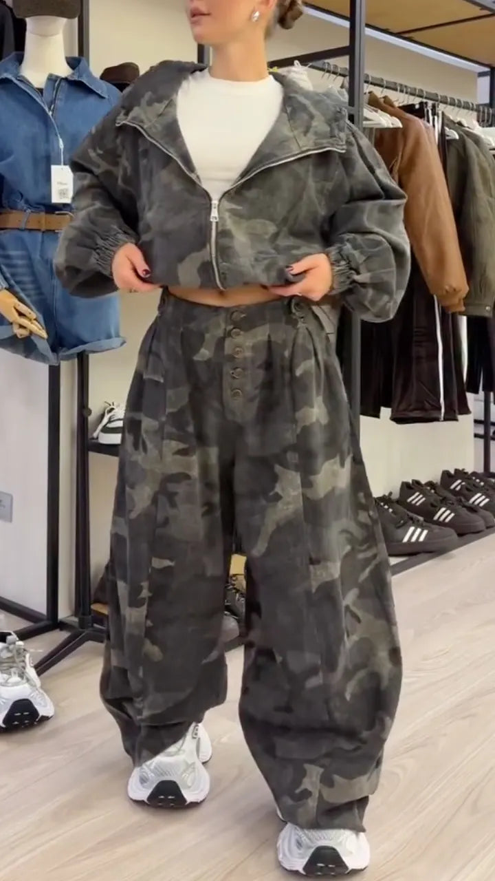 Cropped Jacket And Baggy Pants Two Piece