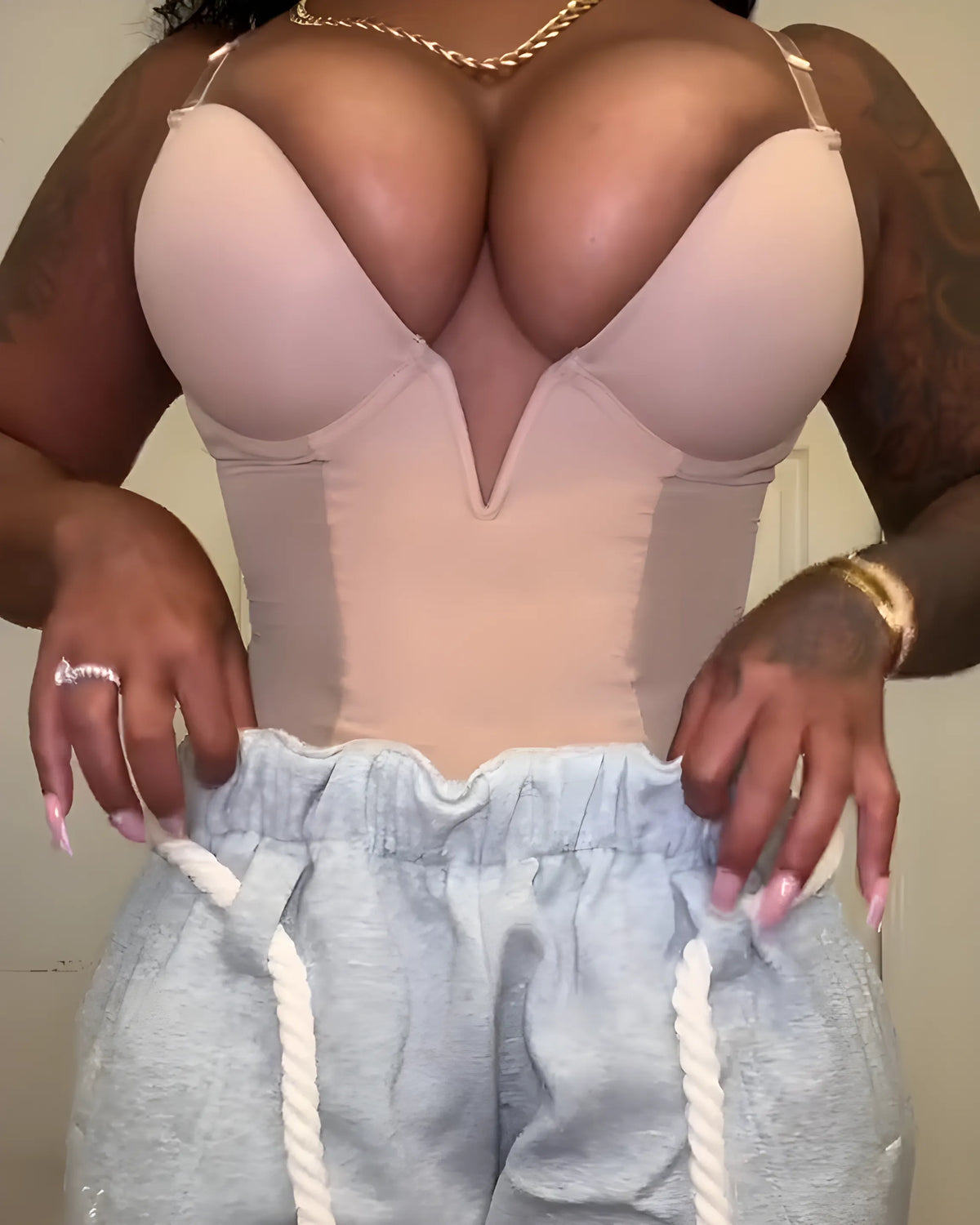 Sexy Plunge Neck Backless Mesh Panel Shapewear Thong Bodysuit