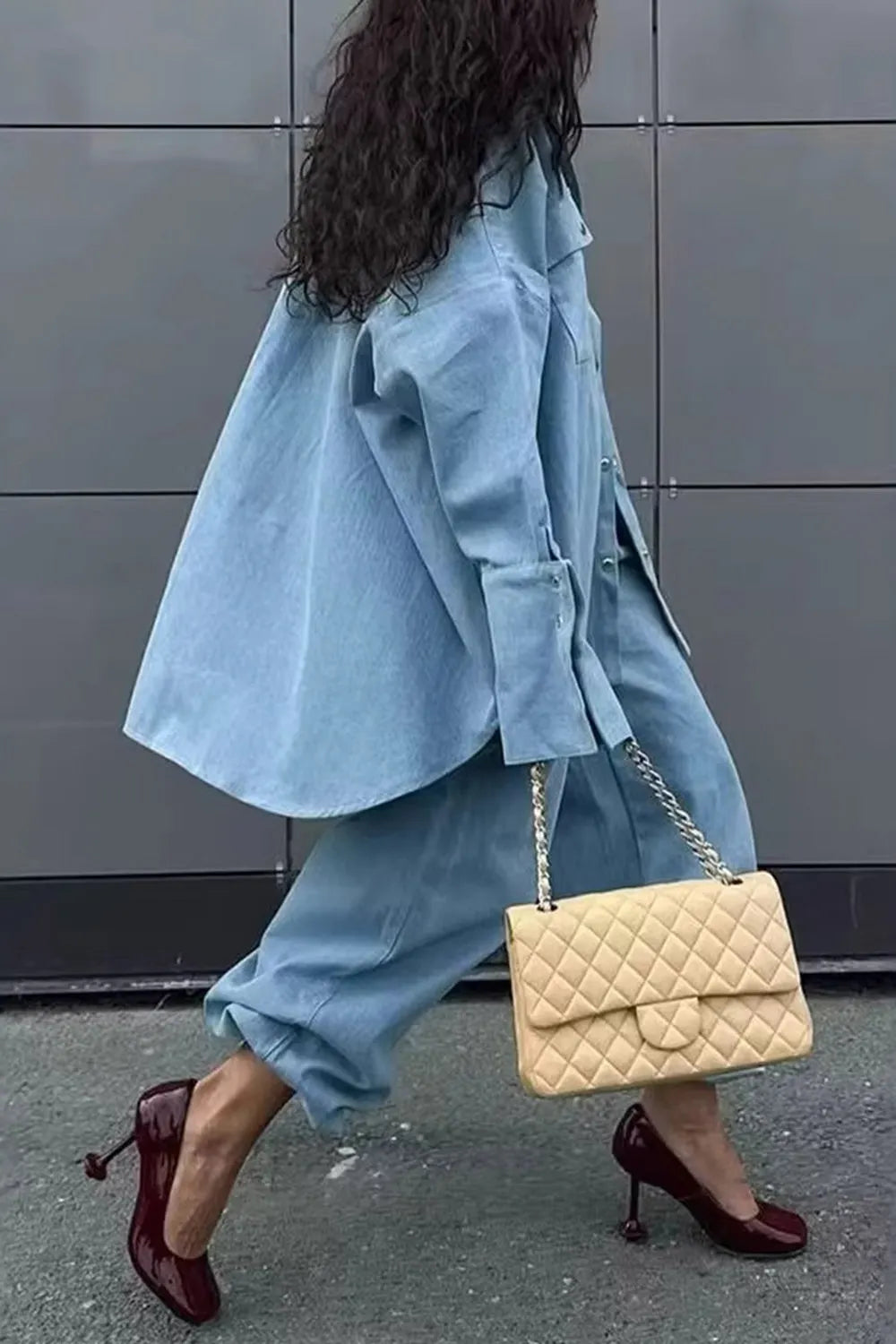 Denim Turndown Collar Balloon Sleeve Long Top Pants Casual 2pcs Set-Blue